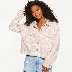 Aeropostale Plaid Flannel Hooded Cropped Shacket Pink Camel Cream Sz XS